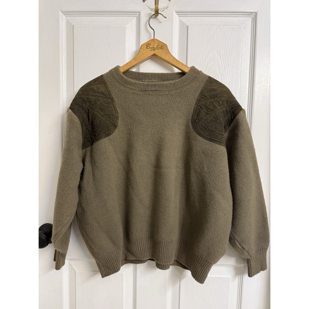 VTG FILSON Guide Sweater Virgin Wool Suede Shoulder Patches Sportsman Green XL